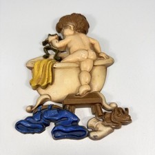 Vtg 1975 Sexton Cast Metal Boy in Bathtub with Frog Bathroom Wall Plaque Art USA picture