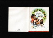 Vtg 1950's Christmas Card Horse Drawn Carriage Farm Scene Frame Holly Unsigned picture
