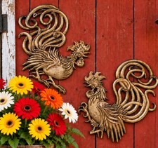 Pair of Vintage Mid Century Vermay Gold Wood Roosters Wall Decor Regency picture