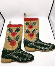 Vtg Christmas Stocking Boot Shape 18 X 12 X 8 Poinsetta Design Brown Green Red picture