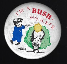 Fun 1988 Mike Dukakis anti-George Bush Whacker Cartoon Presidential Campaign Pin picture