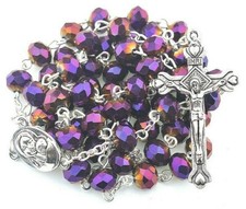 Deep Purple Crystal Beads Rosary Necklace Catholic Cross Crucifix Holy Soil picture