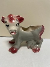 Vintage Mid-Century Pink & White Ceramic Calf Planter Figurine picture