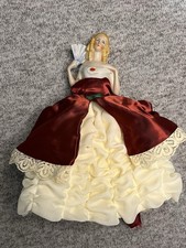Vintage Germany Porcelain Half Doll Lady Fan Burgundy Satin Lace Dress 9” picture