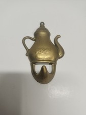 Solid Brass Mini Teapot Wall Hook Tea Kettle Kitchen Towel Hanger MCM Vintage picture