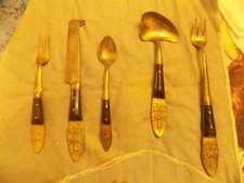Vintage Siam Tailand 5 piece condiment, snack set of brass & teak wood handles picture