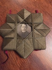 Antique Victorian Tramp Art Threaded Silk Starburst Frame Young Boy Photo picture