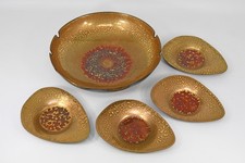 Sascha Brastoff Enameled Copper Ashtray Set Gold Orange Crackle Mid Century VTG picture
