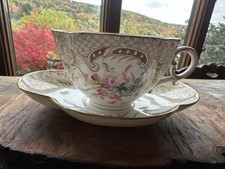 Antique French Sarreguemines Quatrefoil Cups and Saucers Gold Filigree Flowers picture