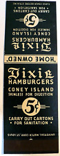 1940's 50'S DIXIE 5 CENT HAMBERGERS CONEY ISLAND MATCHCOVER FLAT 20 STRIKES picture
