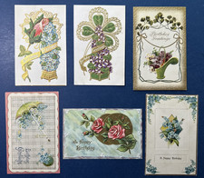6 Birthday Antique Postcards. EMB, Strong Gold. Flowers, Bright Colors. Vases picture