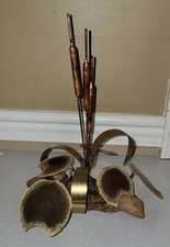 Vintage MCM Brutalist Cattails Lily Sculpture Wood Copper Brass Mid Century picture