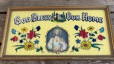 Antique Vintage Art Deco Foil God Bless Our Home Reverse Painted Framed 17” Wide picture