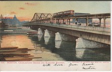 Boston MA postcard - Charlestown Bridge railway 1905 - large vertical crease picture
