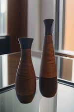 ANTIQUE Vintage Teak Wood Garb Carved Vase Set of 2 Great Find UNIQUE picture