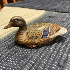 Vintage Hand Carved Painted Wooden Mallard Hen Duck 4”x2” picture