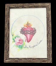 Antique Sacred Heart Painting Devotional Jesus Thy Kingdom Come Gold Wood Frame picture