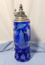 Vintage Ludwigsthal Cobalt Blue and Clear hand-etched Crystal Beer Stein picture