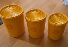 Vintage Tupperware Yellow/Orange Servalier Plastic Canister w/ Lids, Set Of 3 picture