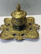 Antique Ornate Brass Inkwell W/Hinged Lid & Original Crock Insert Scroll Detail picture