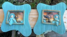 1950s Vintage “Asian Beauty” Chalkware Wall Art Plaques Mid Century Blue set picture