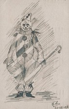 Antique 1909 Original Ink Drawing Postcard Evil Creepy Clown Shepherd Crook Art picture