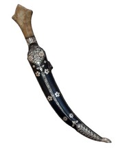 Indo Persian Silver Kofthgiri Worked Damascus Blade Sikh Kripan bone grips 15” picture