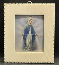 France 1920 Antique Miraculous Virgin Mary Bombe Glass Hand Painted Signed picture