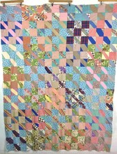 vtg 40S 50S SCRAPPY NINE 9 PATCH HAND PIECED PATCHWORK FEEDSACK FABRIC QUILT TOP picture