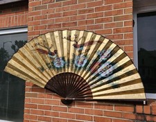 🐦🌸Vtg Chinese Painted Birds & Floral Large Golden Wall Fan Wall Hanging 🌸🐦 picture