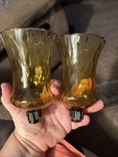 Vtg Set 2 Amber Glass Peg Candle Votive Cup Diamond Honeycomb 5.5in Tall picture