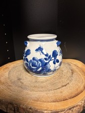 Vintage Blue White Chinoiserie Porcelain Ginger Jar Rose Butterfly Lug Handles picture