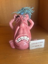 Vintage Kreiss Psycho Ceramics Pink Funny Face Figurine Blue Hair Japan w/ Tag picture
