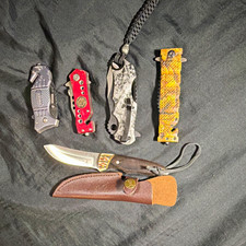 Mixed Lot 5 Knives: 4 Folding + Fixed Blade w/ Sheath SS Wood/Metal picture