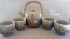 VTG HandCrafted Otagiri JAPAN Tea Set Teapot/4 Cups Rattan Handle Sea Shells EUC picture
