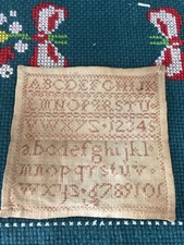 Antique Miniature Needlework Alphabet Sampler Fine Linen Red Silk Floss c1840s picture