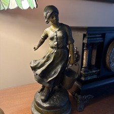 Beautiful Antique Spelter Bronze Art Deco Milkmaid Statue Figure Early 1900'S picture