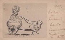 Postcard Joy for Easter Little Girl on Egg Cart Being Pulled by Chick 1907 picture