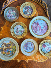 Vintage English Solid Brass Foil Art Wall Plates Plaques Set of 7 Peerage Hunt picture