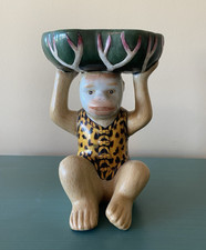 Vintage Chinoiserie Porcelain Ceramic Monkey Holding Lotus Flower Trinket Bowl picture