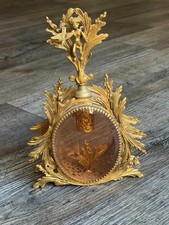 Vintage Ornate Perfume Bottle Ormolu Amber Gold Gilt Scrollwork Cherub Victorian picture