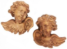 Pair Vintage Hand Carved Wood Cherub Angel Heads Wall Ornament Wooden Putto Old picture