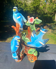 Vintage Ceramic Blue Bird Figurine Set of 2 on Tree Branches with Pink Flower picture