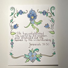 Vintage folk art styled, hand painted Bible Verse Jeremiah 51:50 Blue Floral picture