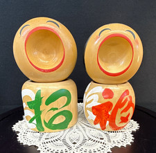 Japanese Wooden Kokeshi Dolls Pair Handmade Hand-Painted Folk Art Signed Base picture