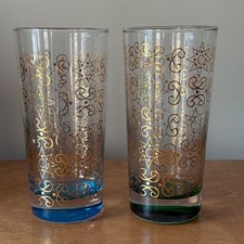 Vintage Libbey Celestial Highball Glasses 12 oz Gold Set Blue Green Atomic picture