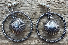 Vintage OOAK Navajo Sterling Silver Twisted Hoop DANGLING CONCHO Earrings — 1.5” picture