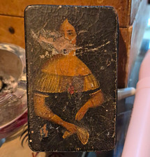 Antique 1800-1849 Small Black Wooden Hinged Lid Trinket Box Woman Portrait picture