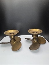 RARE Vintage of Solid Brass Nautical Propeller Candle Holders Set picture
