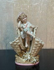 Antique German KPM Porcelain Boy Double Basket Vase Figurine Applied Flowers picture